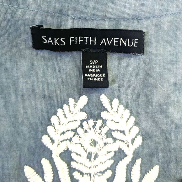 Saks Fifth Avenue Women's S/P Blue 100% Linen Embroidered V-neck Tunic Top - Picture 5 of 7